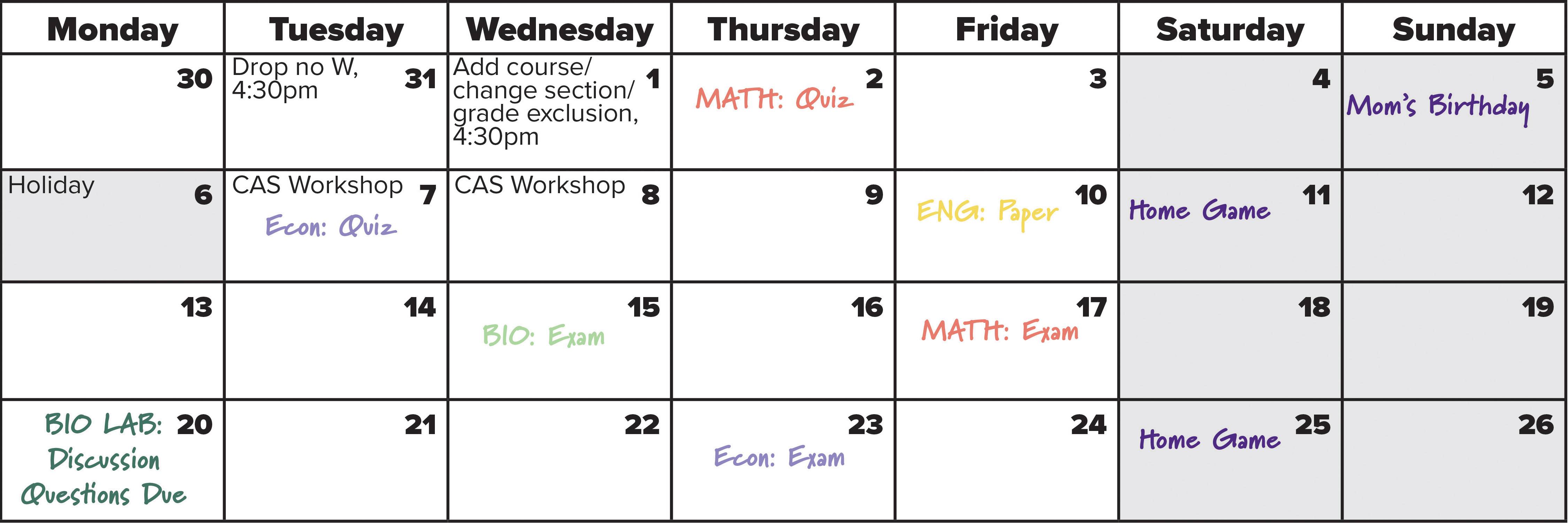 example of 4 weeks filled out on a semester calendar - accessible link below