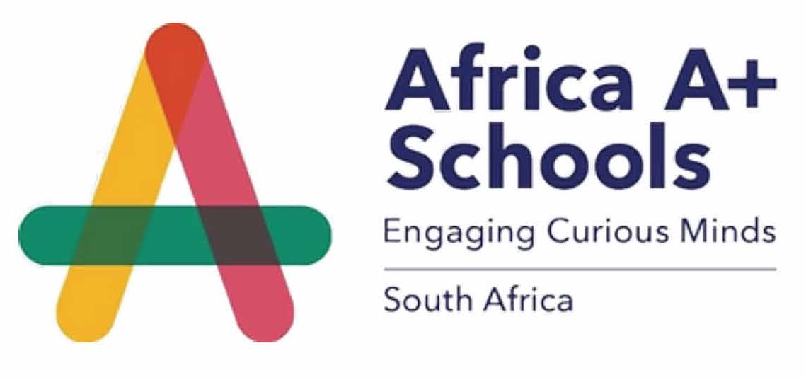 Africa A+ Schools logo with yellow, red, and blue colors with words reading "Engaging curious minds" and "South Africa"