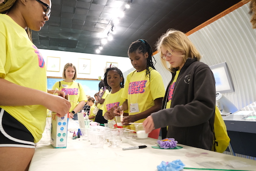 Girls at Girls' Day at the Museum participating in a hands-on science activity.