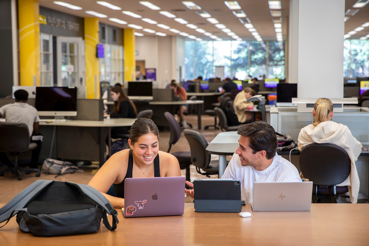 students working on laptops in LSU library.