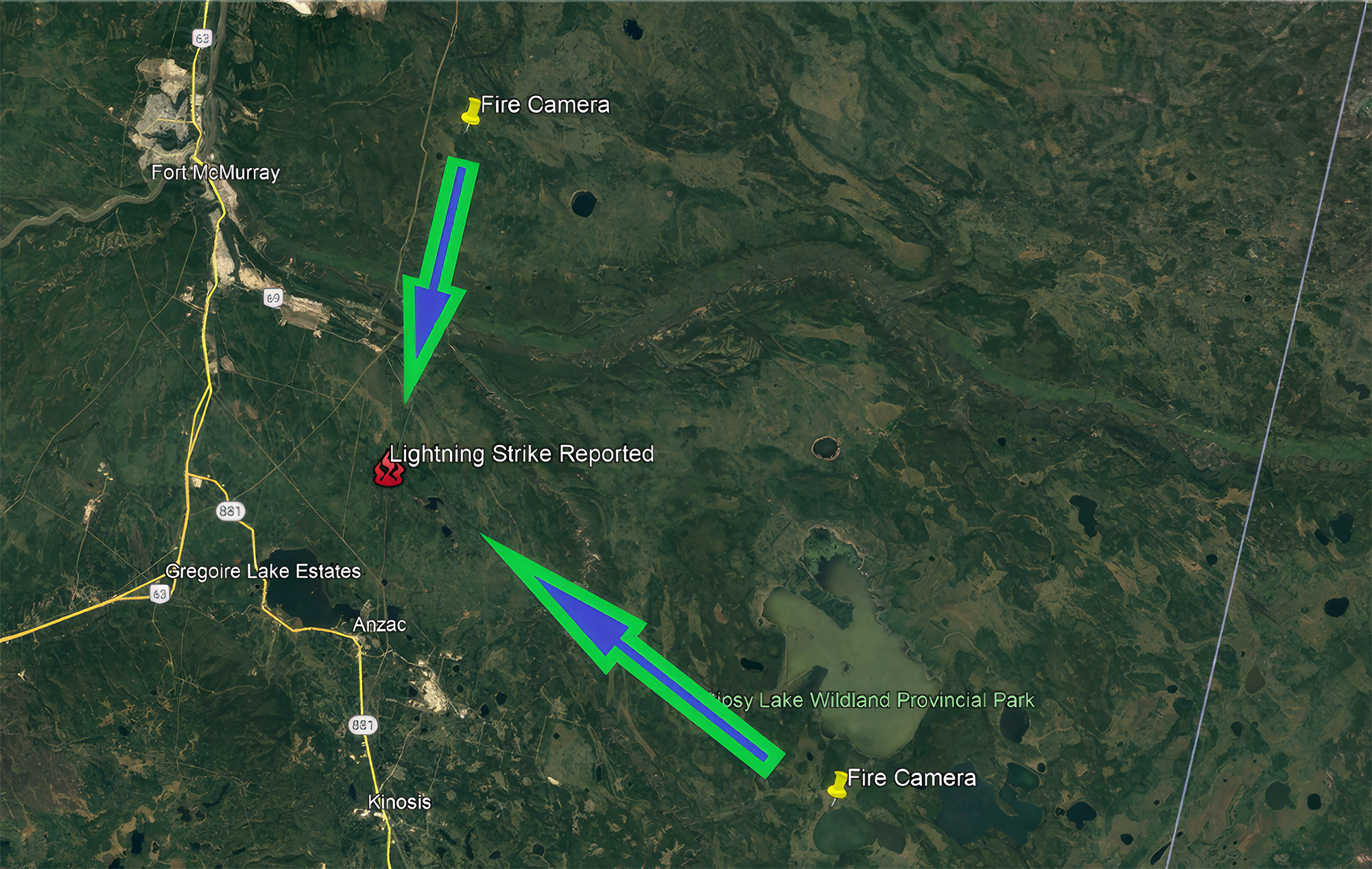 Map with arrows pointing to recent lightning strike